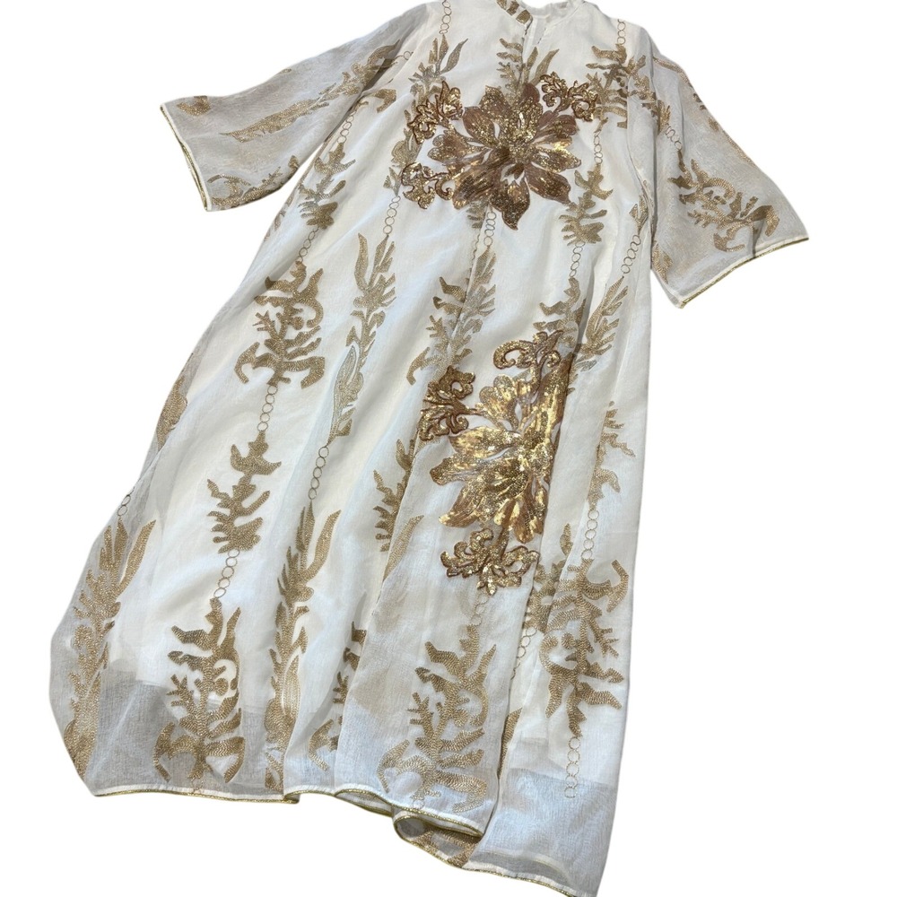 Gold Embroidered Sequin White Kaftan Maxi Dress Womens Large Bell Sleeve Formal